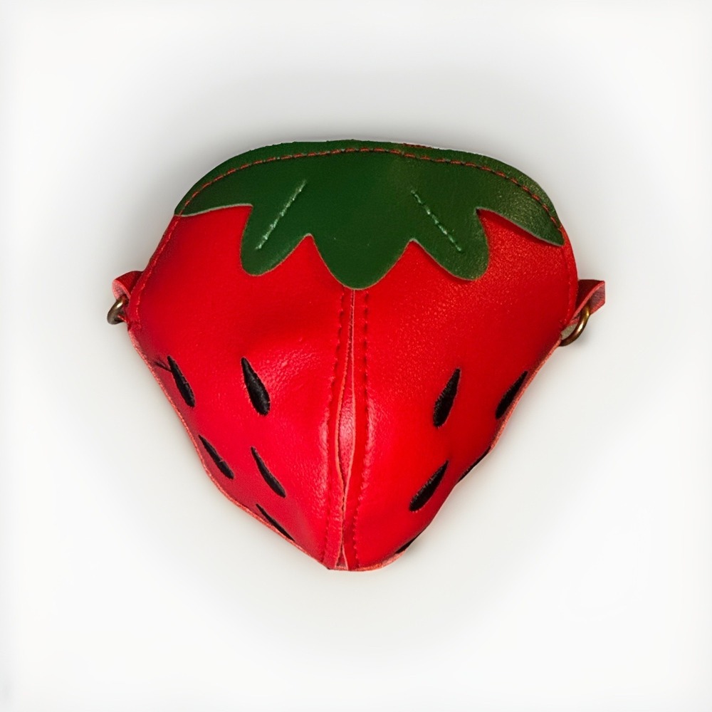 Red Strawberry Leather Coin Purse, Red Green Black Storage Fruit, Trendy Zip New